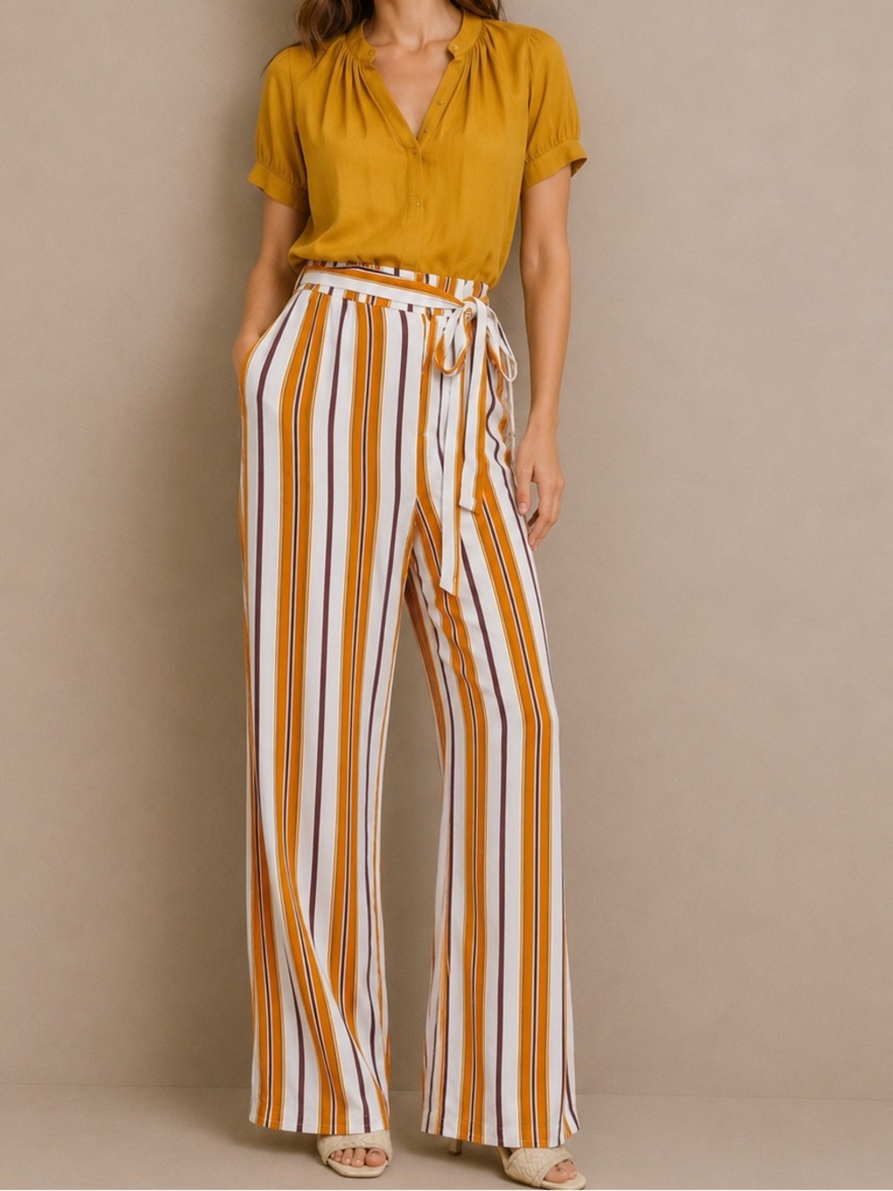 Forever 21 White Orange Striped Viscose High Rise Wide Leg Trousers Pants